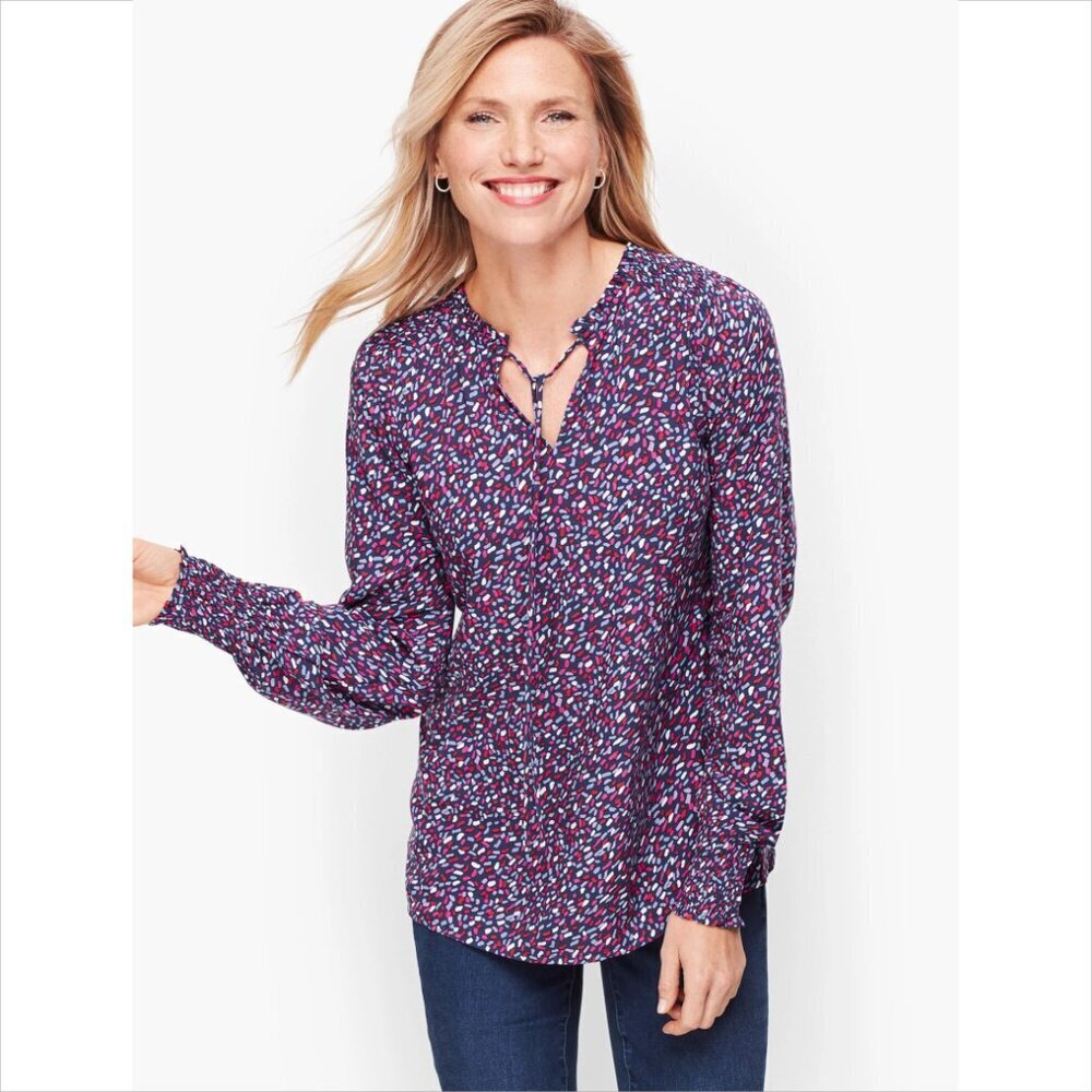 Talbots Peasant blouse top shirt sprinkle navy blue tie smocking confetti new 2X